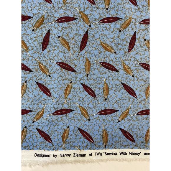 Nancy Zieman Cotton Fabric Cardinal Blue/Rust Feathers Fabrics Batch 119034 - Picture 1 of 5